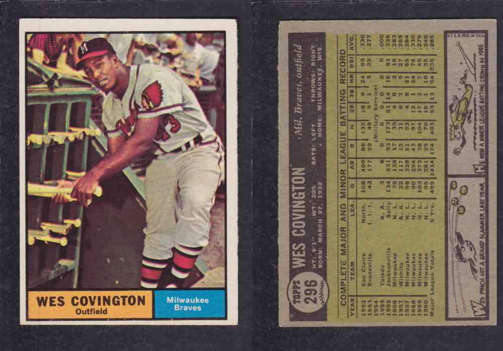 1961 TOPPS BASEBALL CARD #296  W. COVINGTON photo