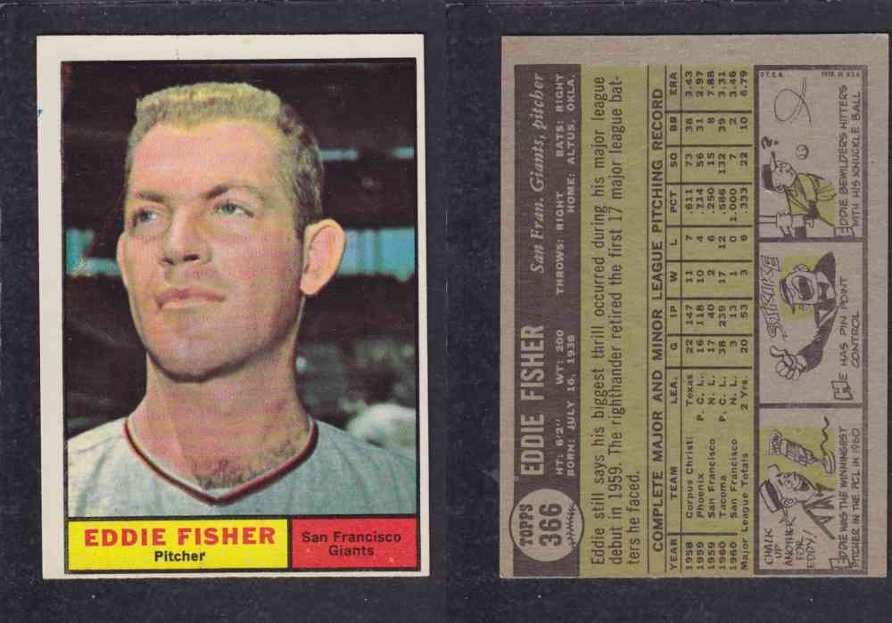 1961 TOPPS BASEBALL CARD #366  E. FISHER photo