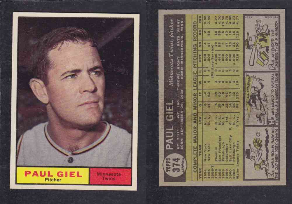 1961 TOPPS BASEBALL CARD #374  P. GIEL photo