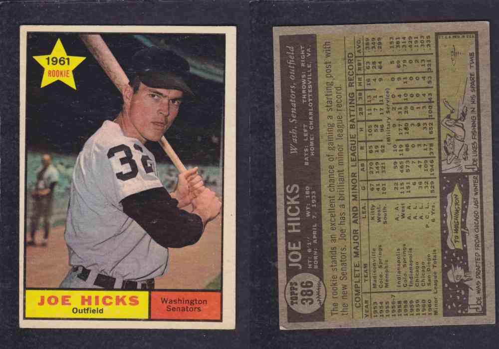 1961 TOPPS BASEBALL CARD #386  J. HICKS photo