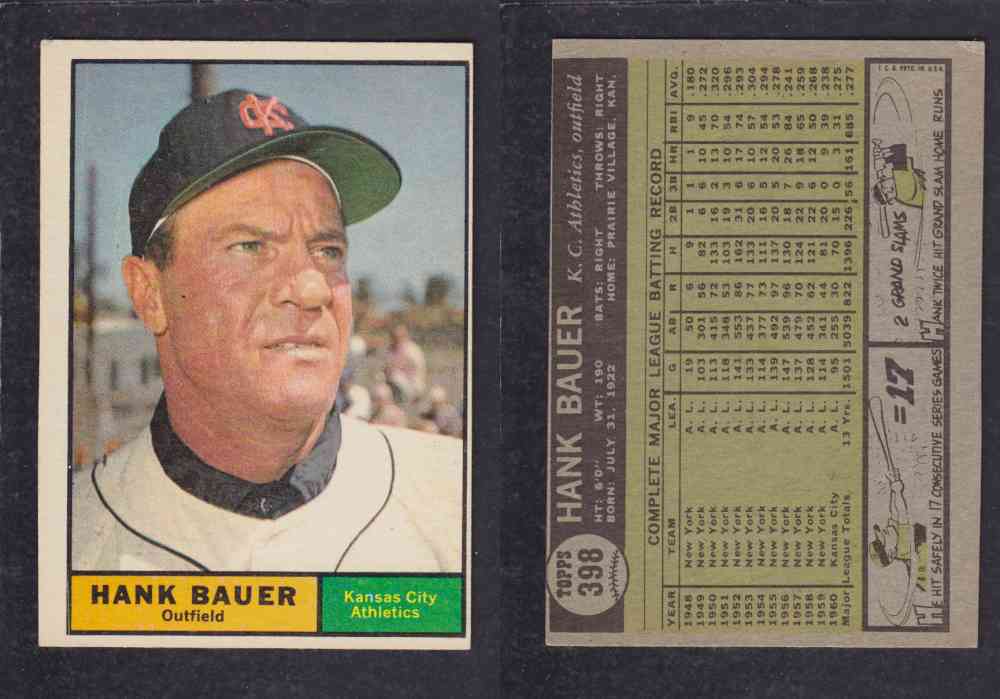 1961 TOPPS BASEBALL CARD #398  H. BAUER photo