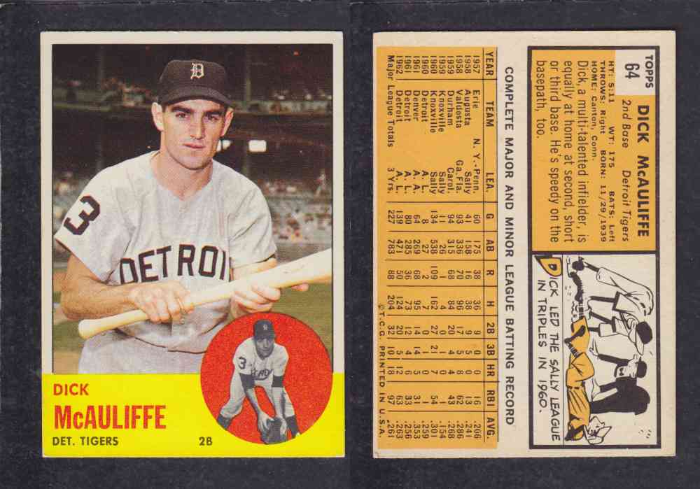 1963  TOPPS BASEBALL CARD  #64  D. McAULIFFE photo