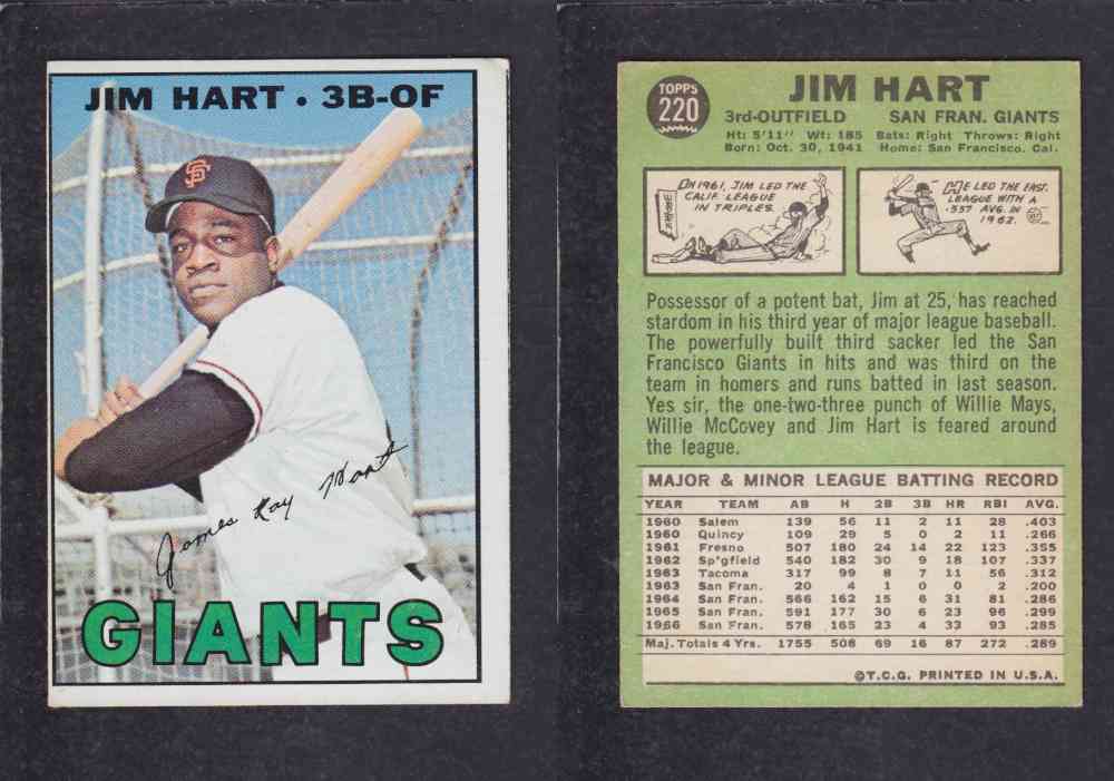 1967  TOPPS BASEBALL CARD  #220  J. HART photo