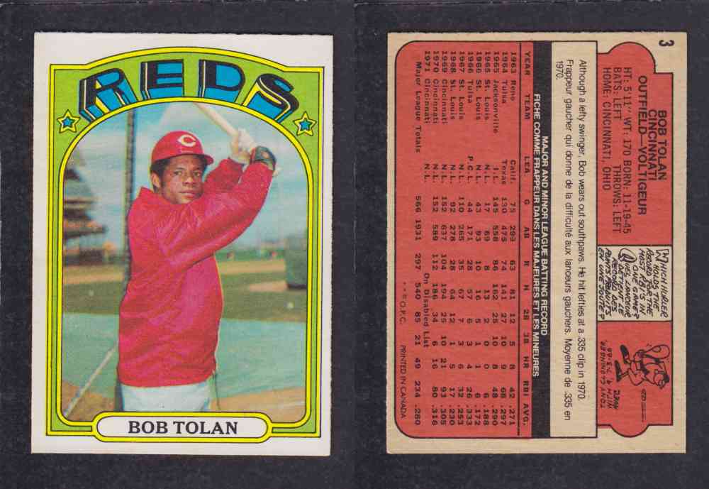 1972 O-PEE-CHEE BASEBALL CARD #3 B. TOLAN photo