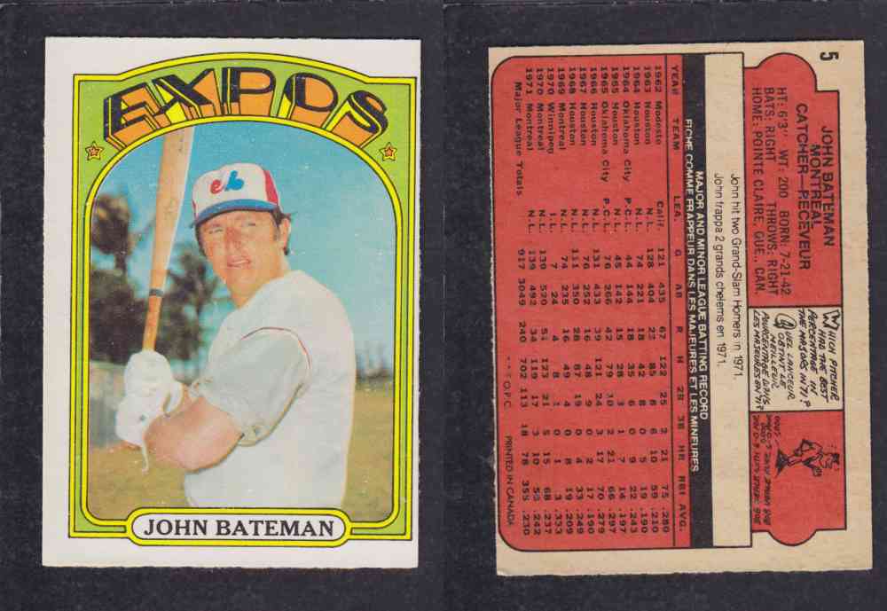 1972 O-PEE-CHEE BASEBALL CARD #5 J. BATEMAN photo