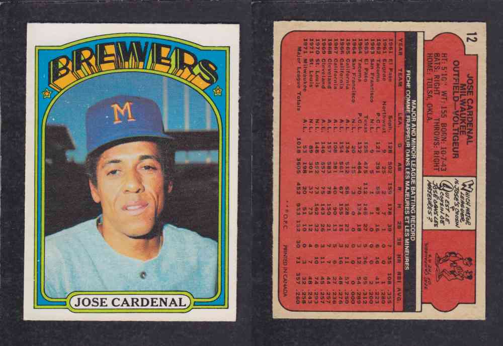 1972 O-PEE-CHEE BASEBALL CARD #12 J. CARDENAL photo