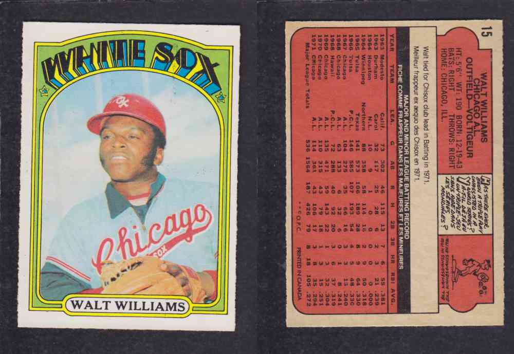 1972 O-PEE-CHEE BASEBALL CARD #15 W. WILLIAMS photo