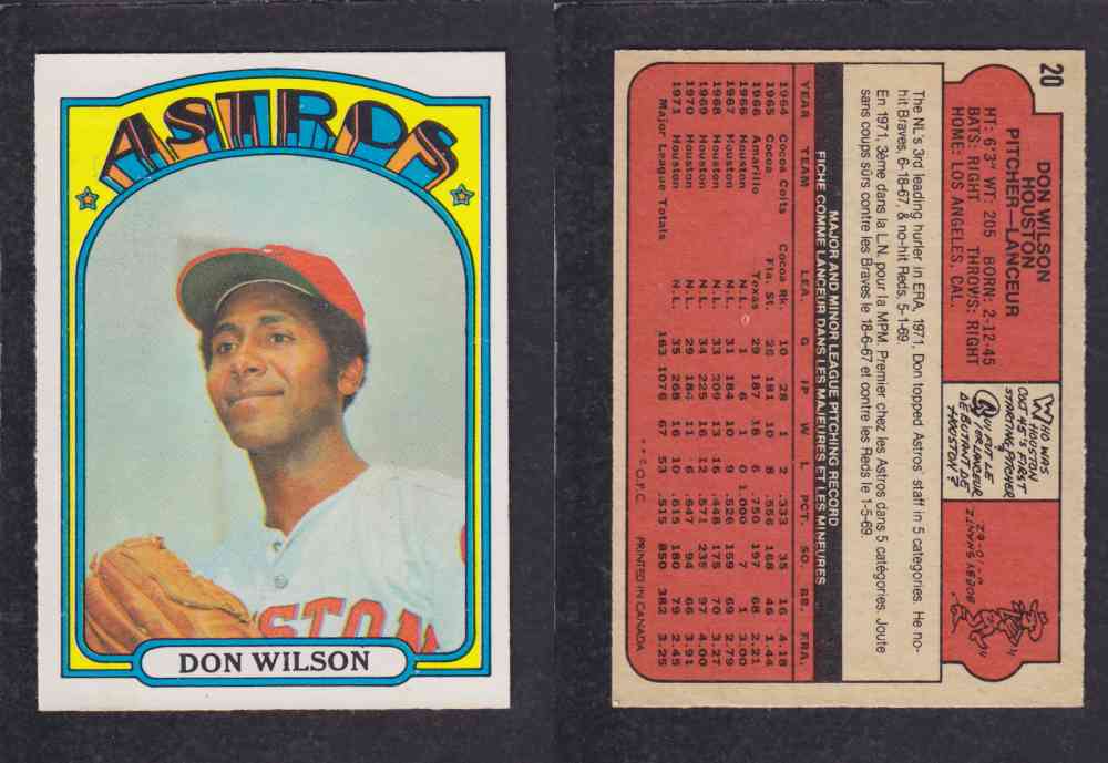 1972 O-PEE-CHEE BASEBALL CARD #20 D. WILSON photo