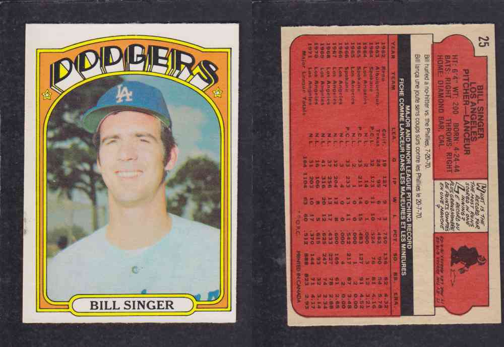 1972 O-PEE-CHEE BASEBALL CARD #25 B. SINGER photo