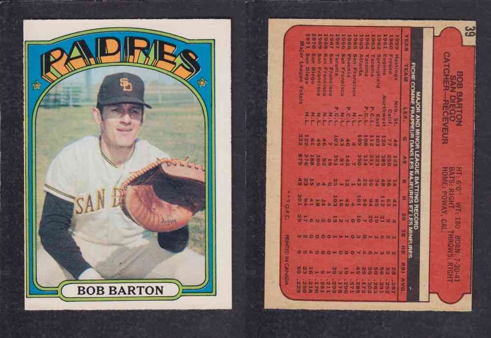 1972 O-PEE-CHEE BASEBALL CARD #39 B. BARTON photo