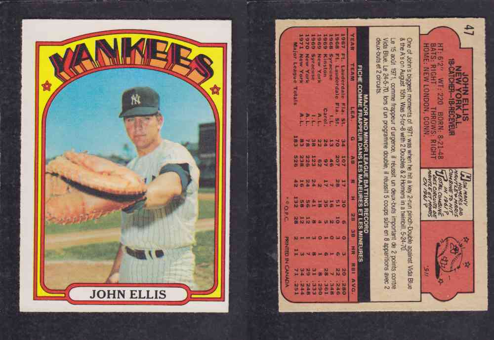 1972 O-PEE-CHEE BASEBALL CARD #47 J. ELLIS photo