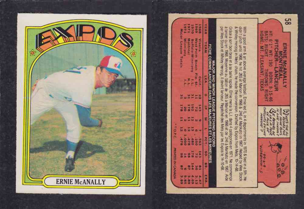 1972 O-PEE-CHEE BASEBALL CARD #58 E. MCANALLY photo