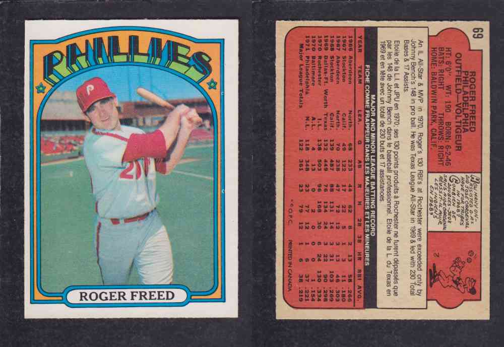 1972 O-PEE-CHEE BASEBALL CARD #69 R. FREED photo