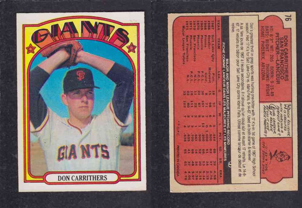 1972 O-PEE-CHEE BASEBALL CARD #76 D. CARRITHERS photo