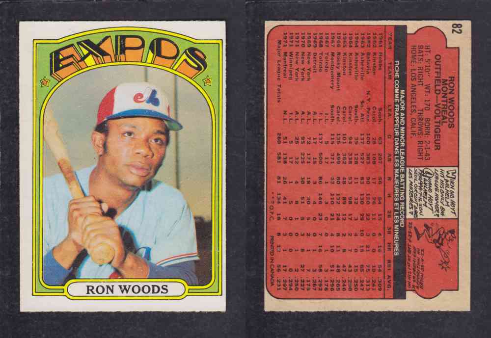 1972 O-PEE-CHEE BASEBALL CARD #82 R. WOODS photo