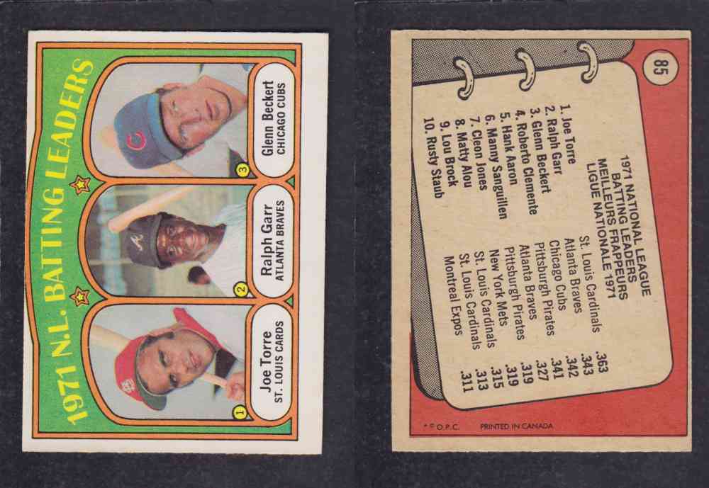 1972 O-PEE-CHEE BASEBALL CARD #85 N.L. BATTING LEADERS photo