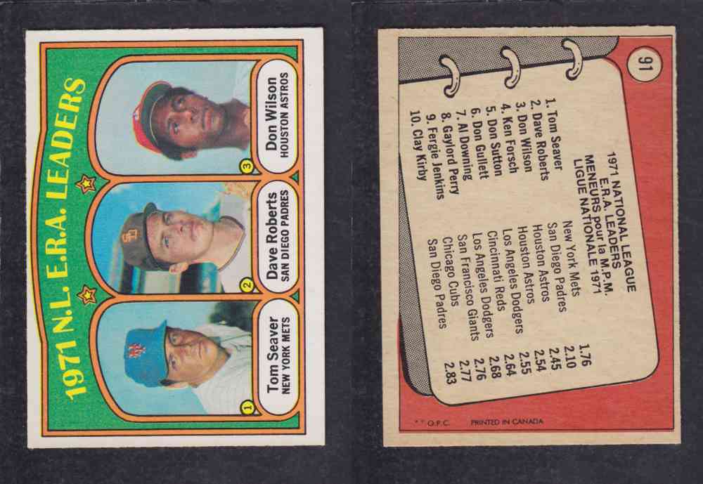 1972 O-PEE-CHEE BASEBALL CARD #91 N.L. E.R.A LEADERS photo