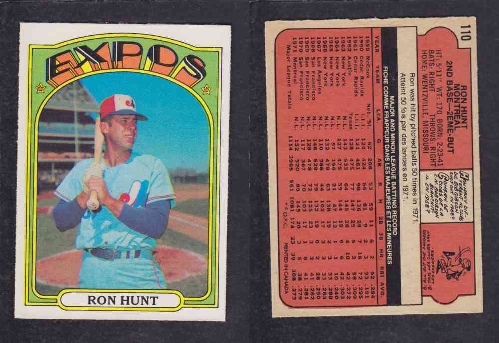 1972 O-PEE-CHEE BASEBALL CARD #110 R. HUNT photo