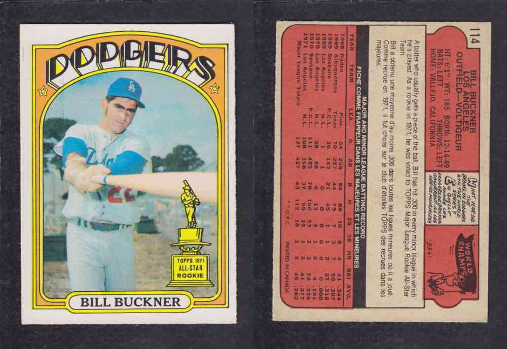 1972 O-PEE-CHEE BASEBALL CARD #114 B. BUCKNER photo