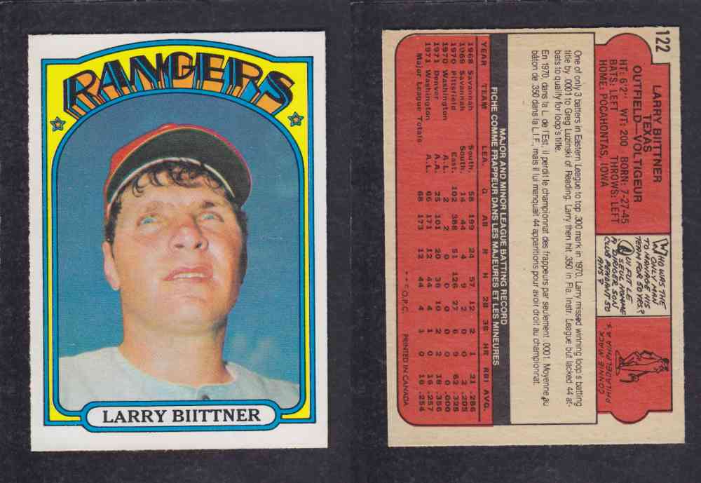 1972 O-PEE-CHEE BASEBALL CARD #122 L. BIITTNER photo