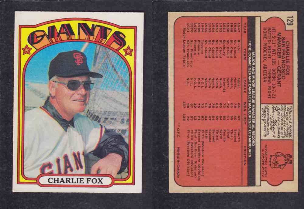 1972 O-PEE-CHEE BASEBALL CARD #129 C. FOX photo