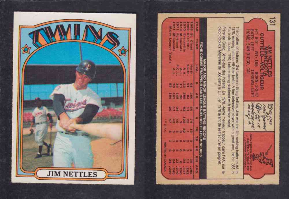 1972 O-PEE-CHEE BASEBALL CARD #131 J. NETTLES photo