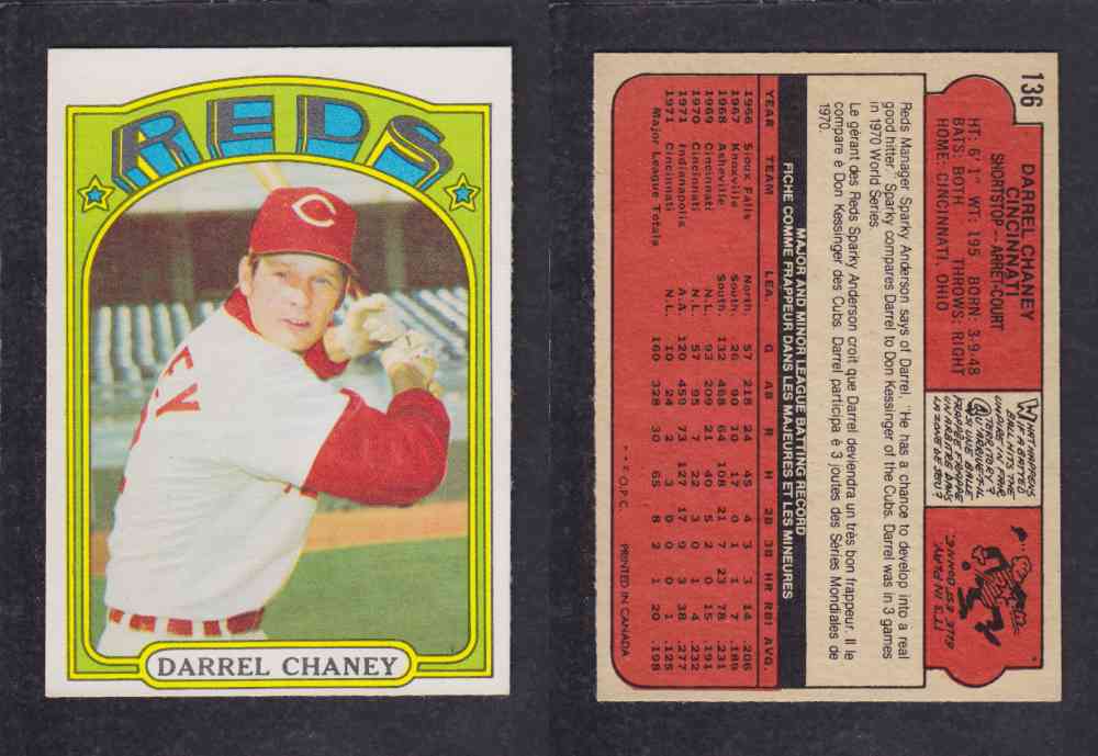 1972 O-PEE-CHEE BASEBALL CARD #136 D, CHANEY photo