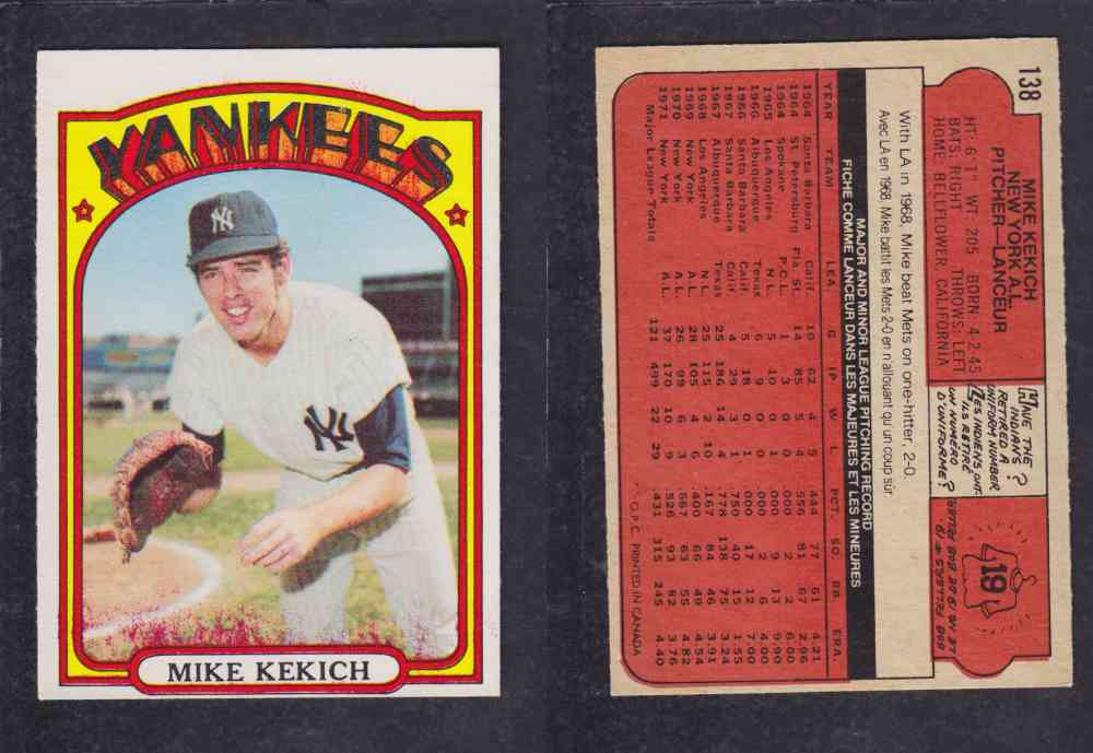 1972 O-PEE-CHEE BASEBALL CARD #138 M. KEKICH photo