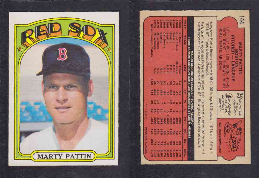 1972 O-PEE-CHEE BASEBALL CARD #144 M. PATTIN photo