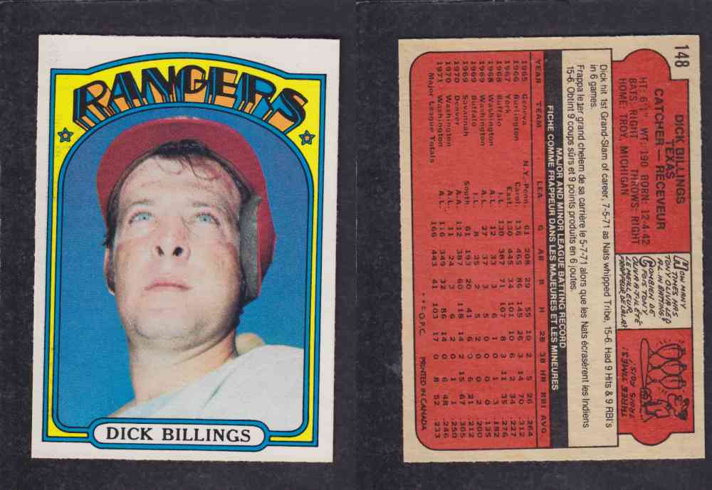 1972 O-PEE-CHEE BASEBALL CARD #148 D. BILLINGS photo