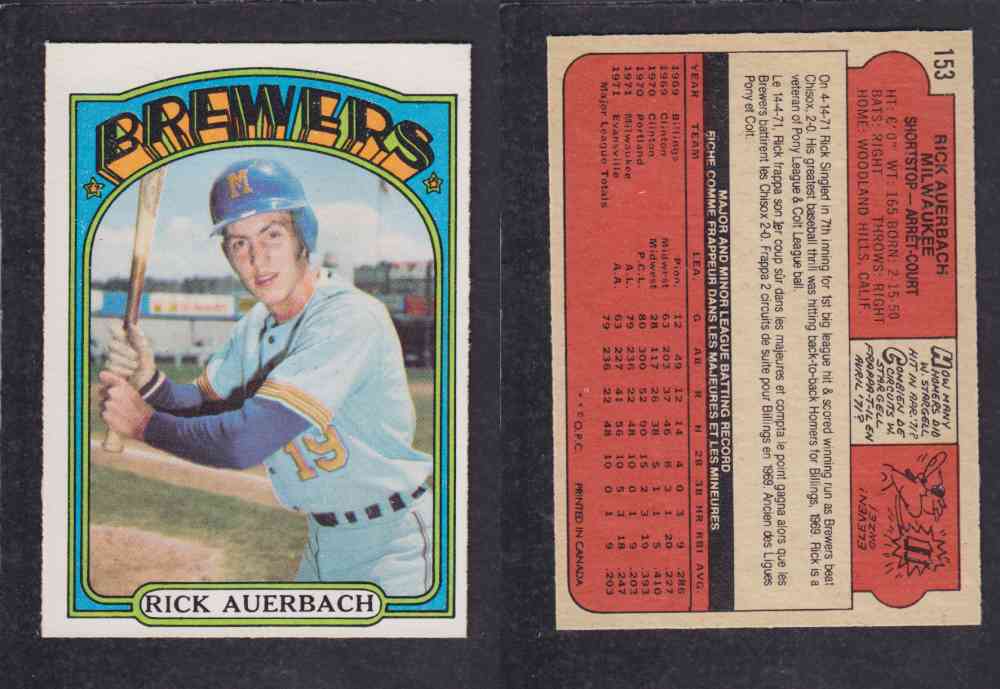 1972 O-PEE-CHEE BASEBALL CARD #153 R. AUERBACH photo