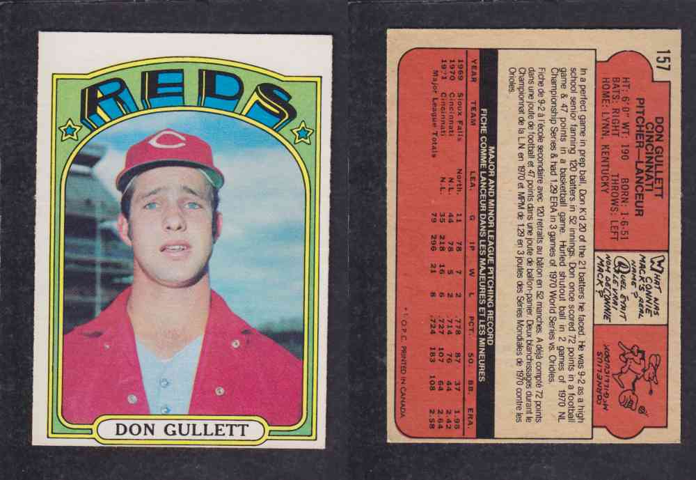 1972 O-PEE-CHEE BASEBALL CARD #157 D. GULLETT photo