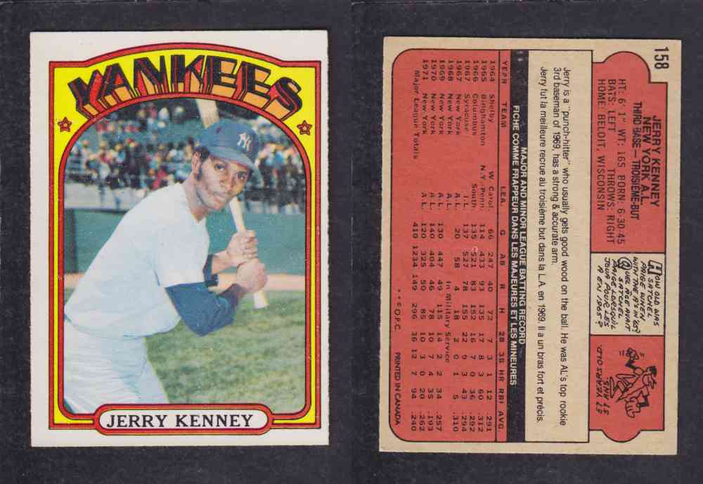 1972 O-PEE-CHEE BASEBALL CARD #158 J. KENNEY photo