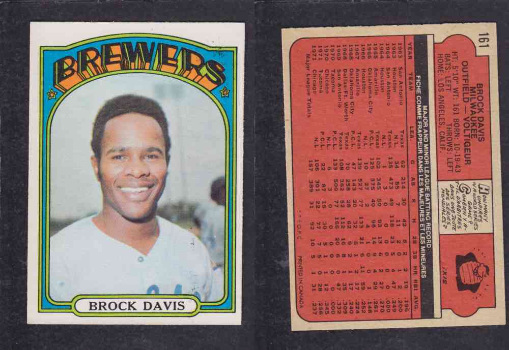 1972 O-PEE-CHEE BASEBALL CARD #161 B. DAVIS photo