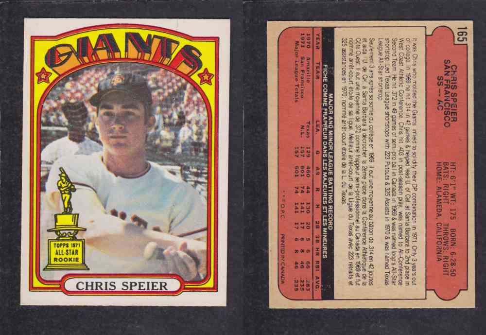 1972 O-PEE-CHEE BASEBALL CARD #165 C. SPEIER photo