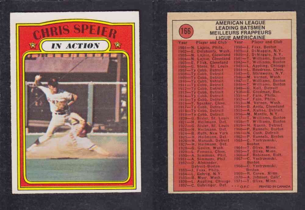 1972 O-PEE-CHEE BASEBALL CARD #166 C. SPEIER photo