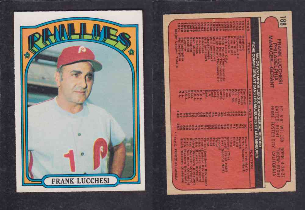 1972 O-PEE-CHEE BASEBALL CARD #188 F. LUCCHESI photo