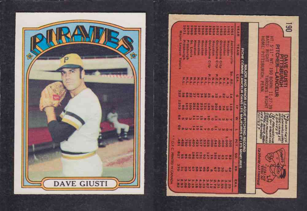 1972 O-PEE-CHEE BASEBALL CARD #190 D. GIUSTI photo