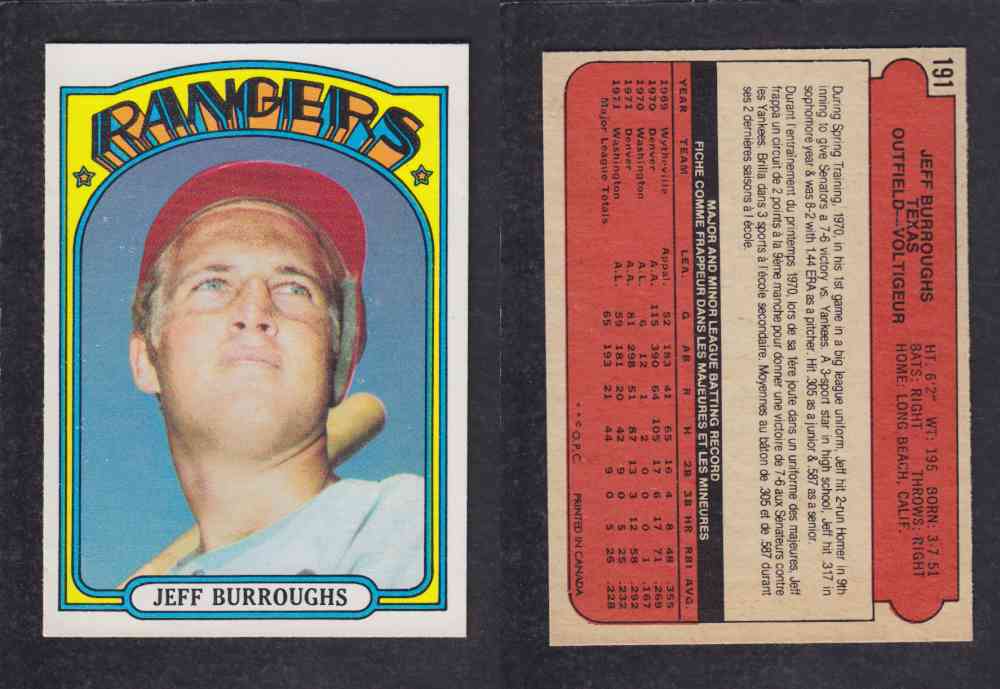 1972 O-PEE-CHEE BASEBALL CARD #191 J. BURROUGHS photo