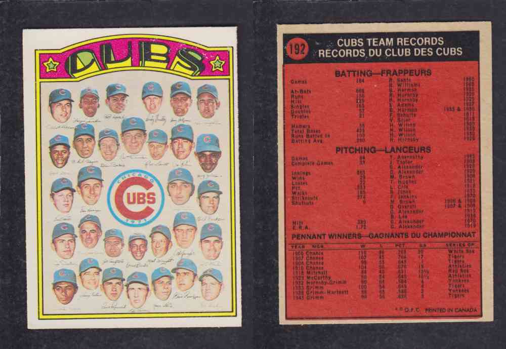 1972 O-PEE-CHEE BASEBALL CARD #192 CUBS TEAM RECORDS photo