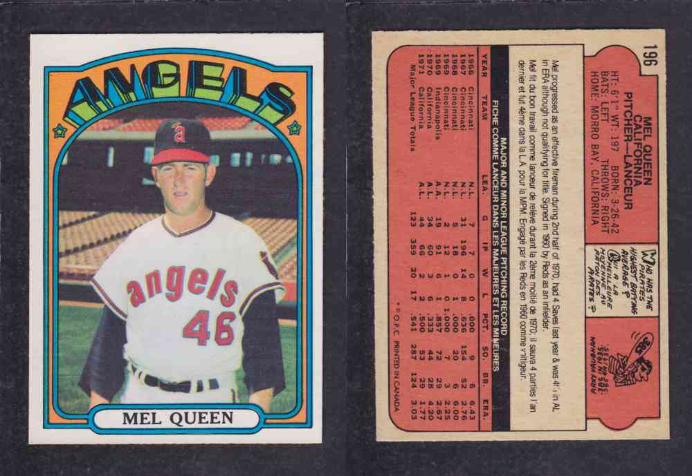 1972 O-PEE-CHEE BASEBALL CARD #196 M. QUEEN photo