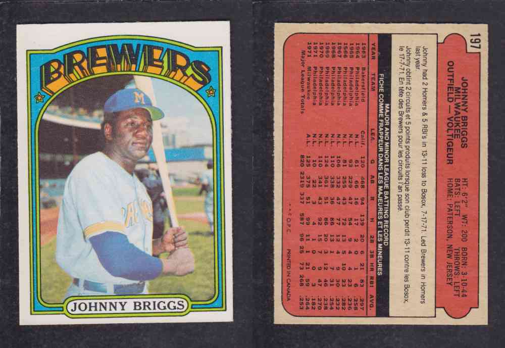 1972 O-PEE-CHEE BASEBALL CARD #197 J. BRIGGS photo