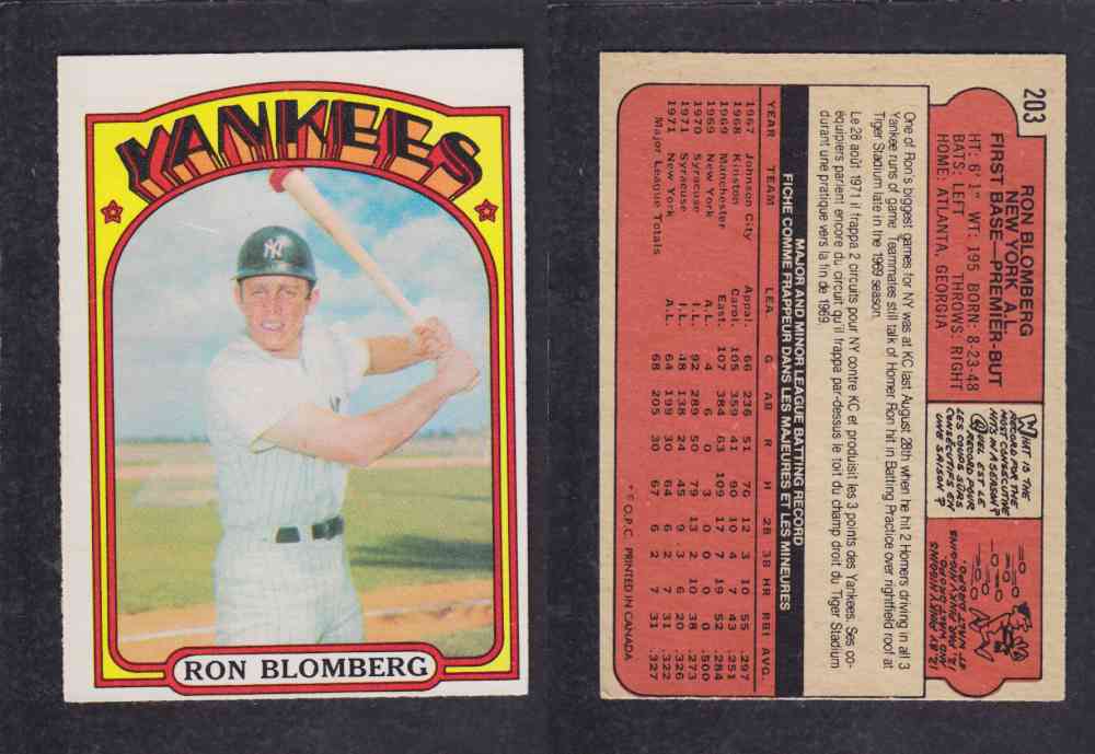 1972 O-PEE-CHEE BASEBALL CARD #203 R. BLOMBERG photo