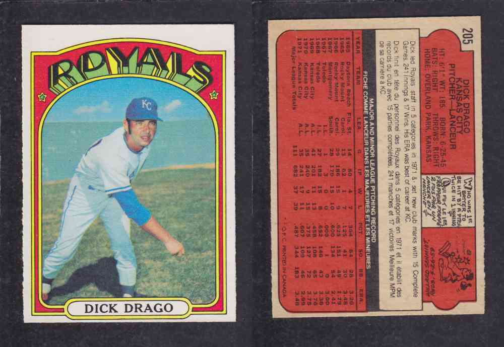 1972 O-PEE-CHEE BASEBALL CARD #205 D. DRAGO photo