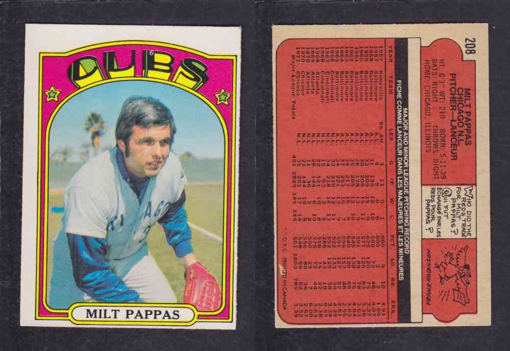 1972 O-PEE-CHEE BASEBALL CARD #208 M. PAPPAS photo