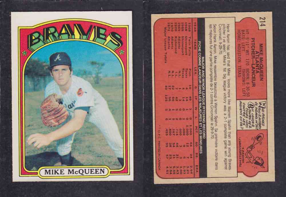 1972 O-PEE-CHEE BASEBALL CARD #214 M. MCQUEEN photo