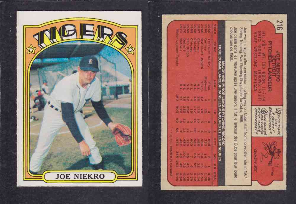 1972 O-PEE-CHEE BASEBALL CARD #216 J. NIEKRO photo