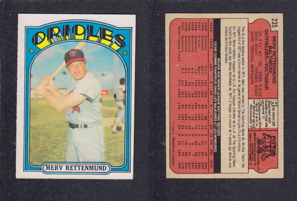 1972 O-PEE-CHEE BASEBALL CARD #235 M. RETTENMUND photo