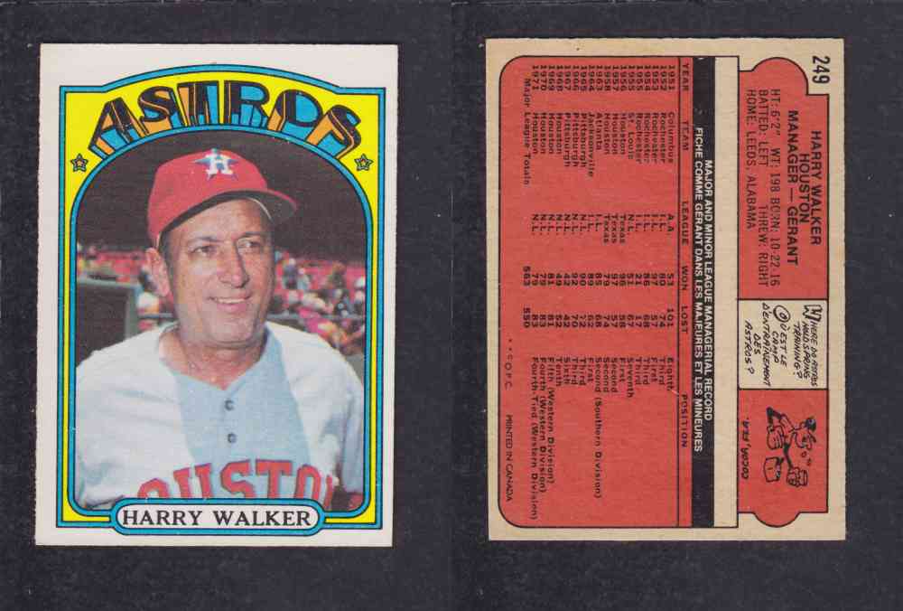 1972 O-PEE-CHEE BASEBALL CARD #249 H. WALKER photo