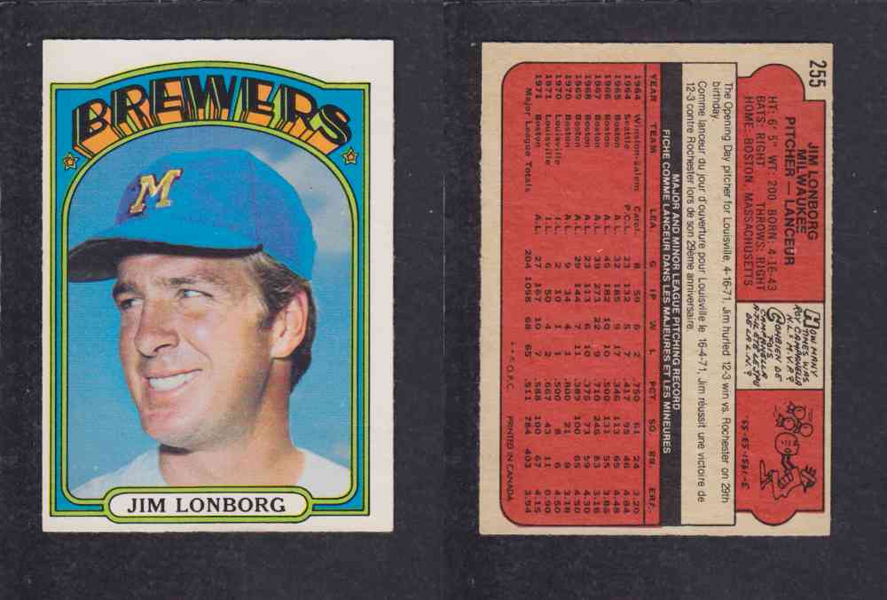 1972 O-PEE-CHEE BASEBALL CARD #255 J. LONBORG photo